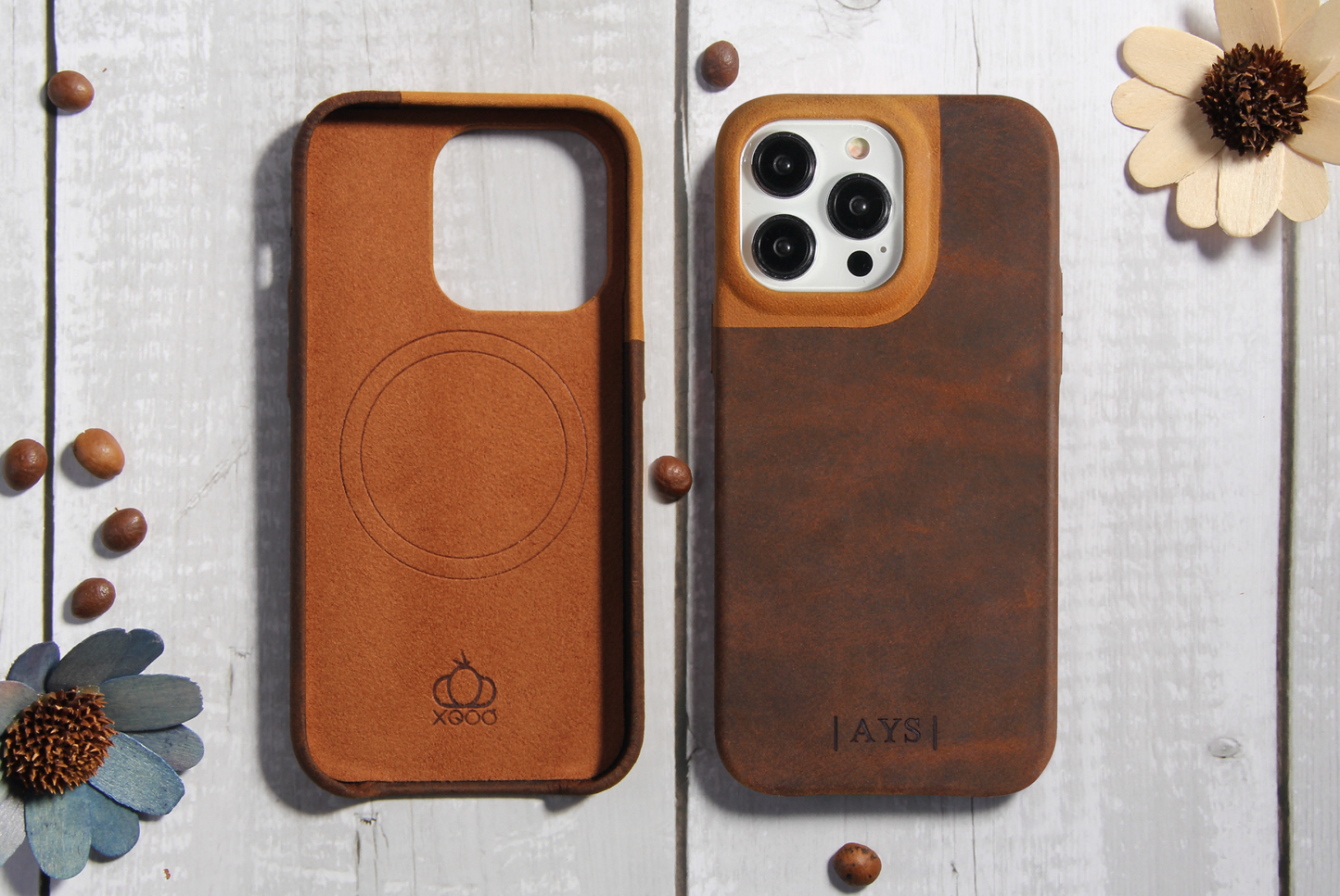 Natural Leather iPhone Case for iPhone 14 Pro with MagSafe Strong Magnets