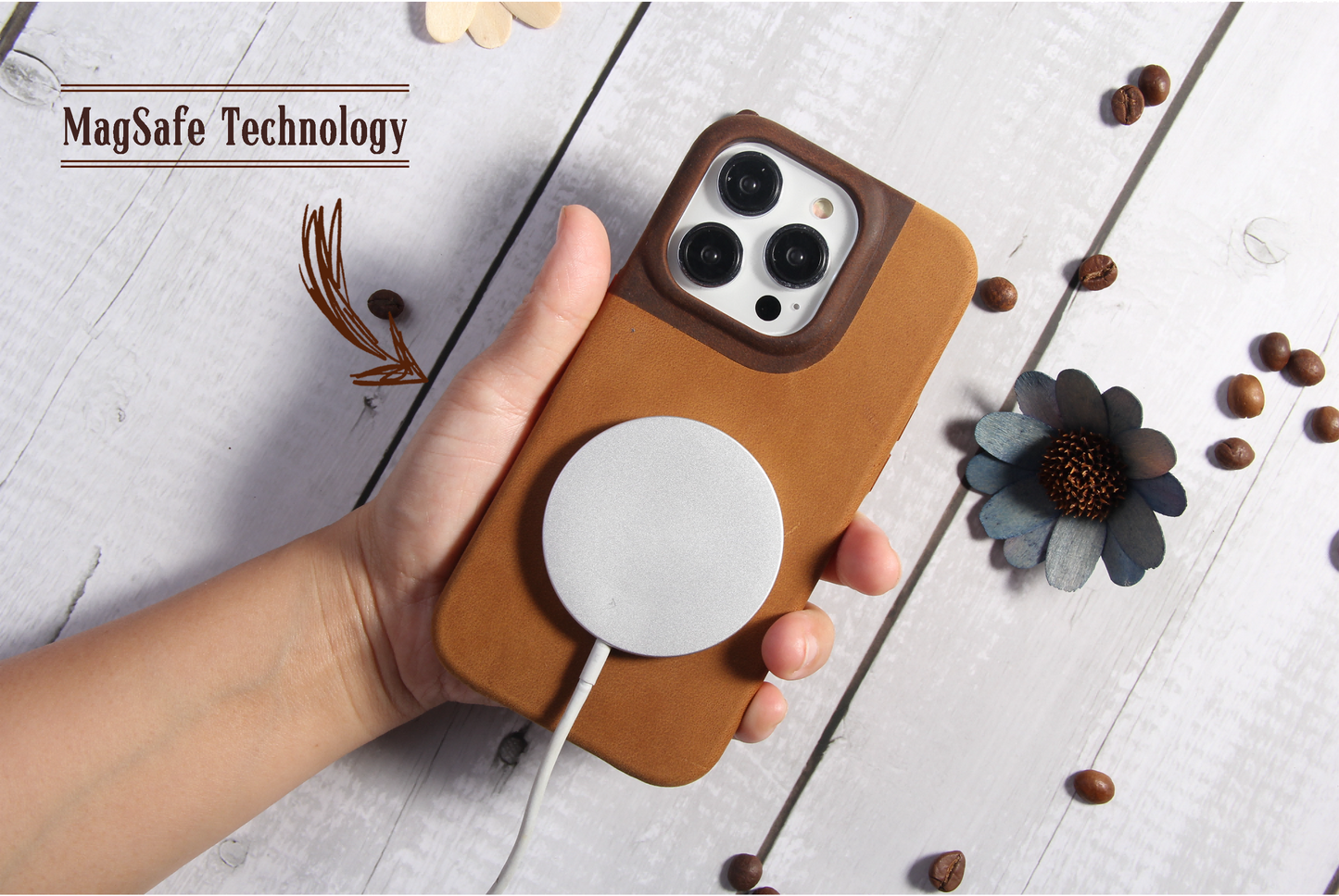 Natural Leather iPhone Case for iPhone 14 Pro with MagSafe Strong Magnets