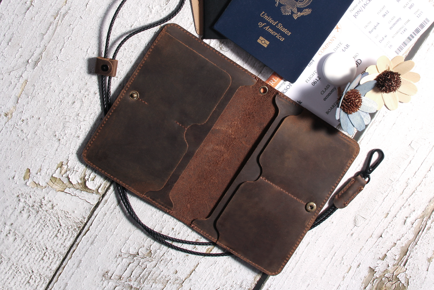 Crazy Horse Leather AirTag Passport Holder |Dark Brown|