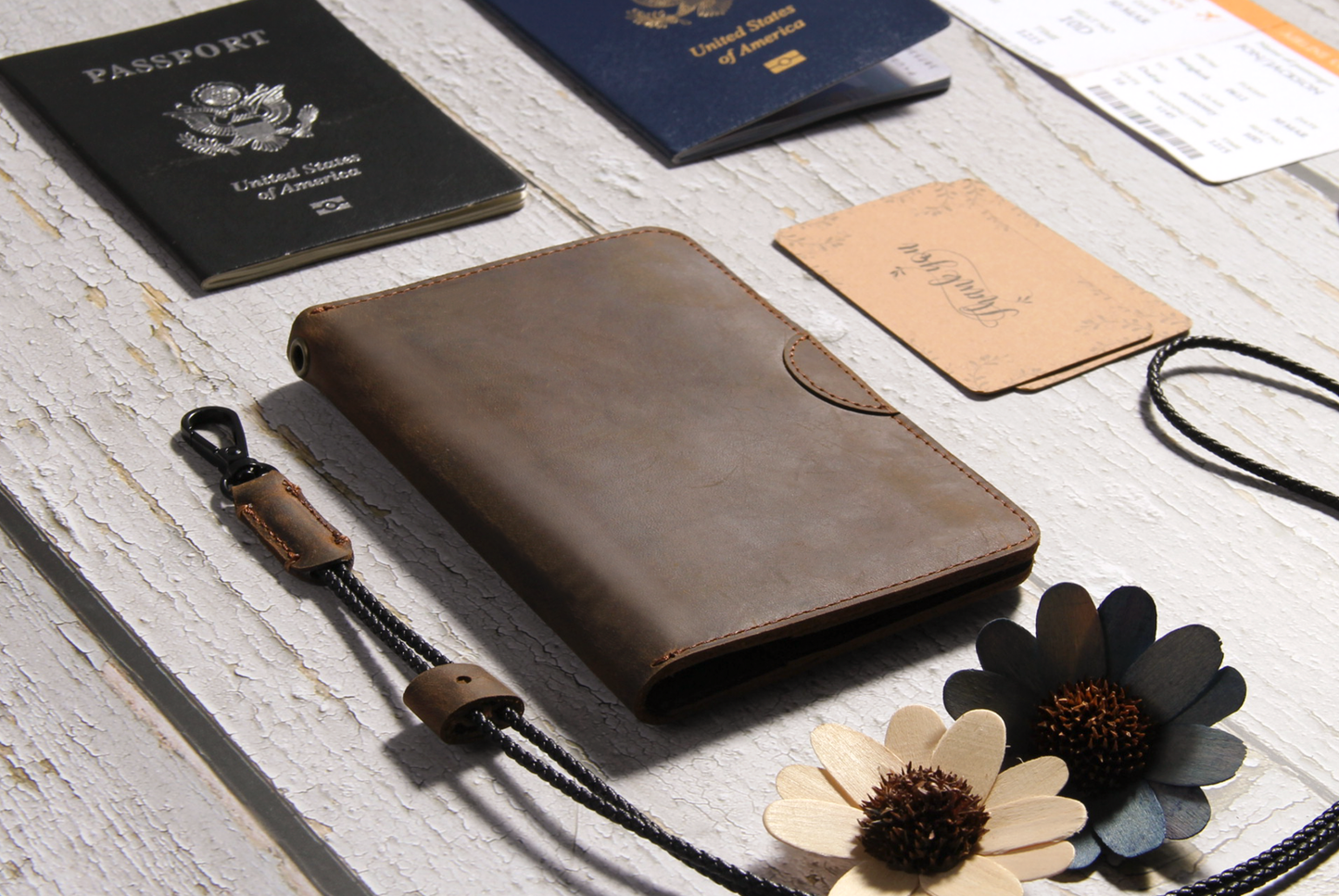 Crazy Horse Leather AirTag Passport Holder |Dark Brown|